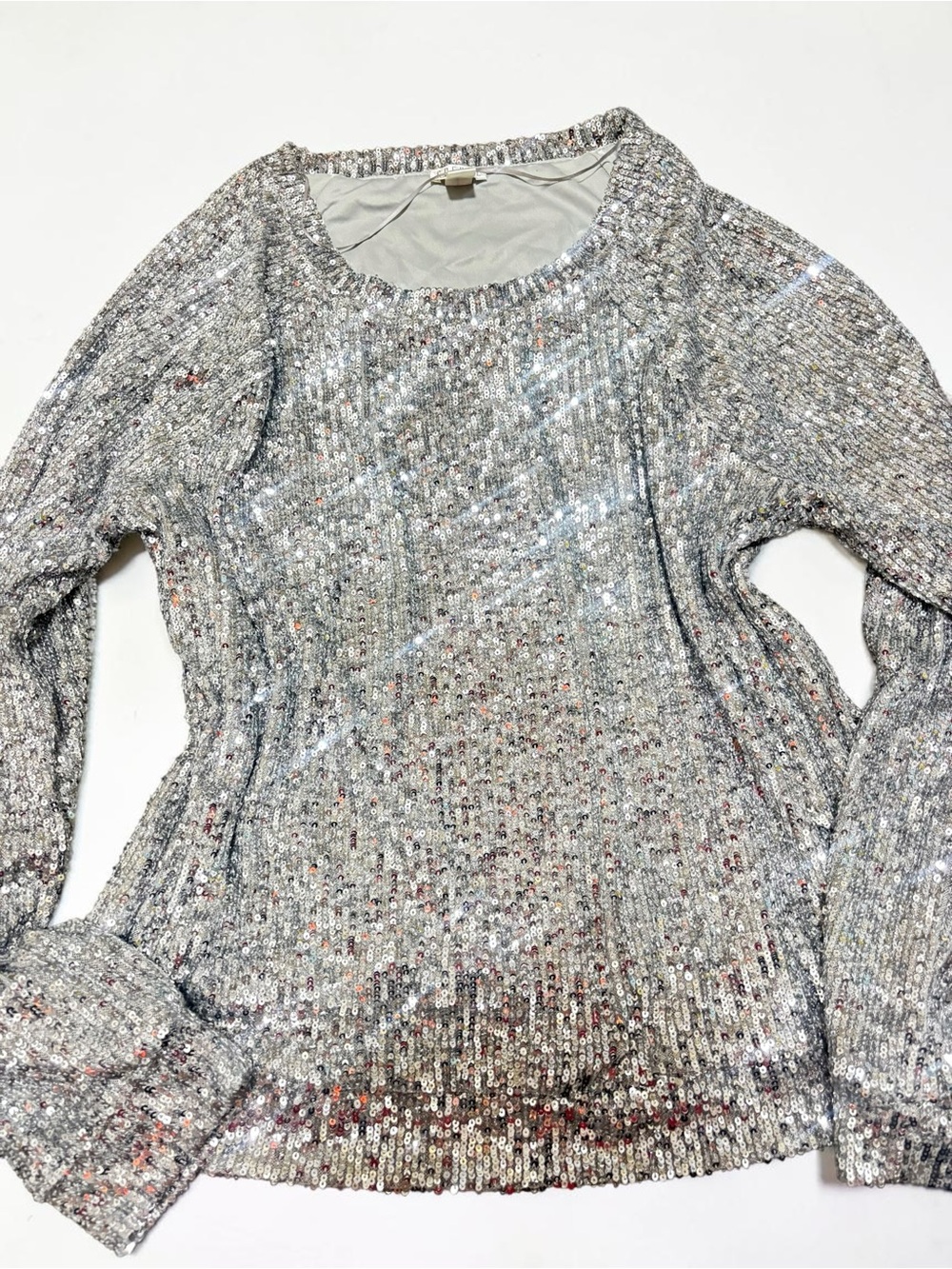 Vintage Silver Sequin Long Sleeve Blouse Y2K Disco Glam Party Shinmer L